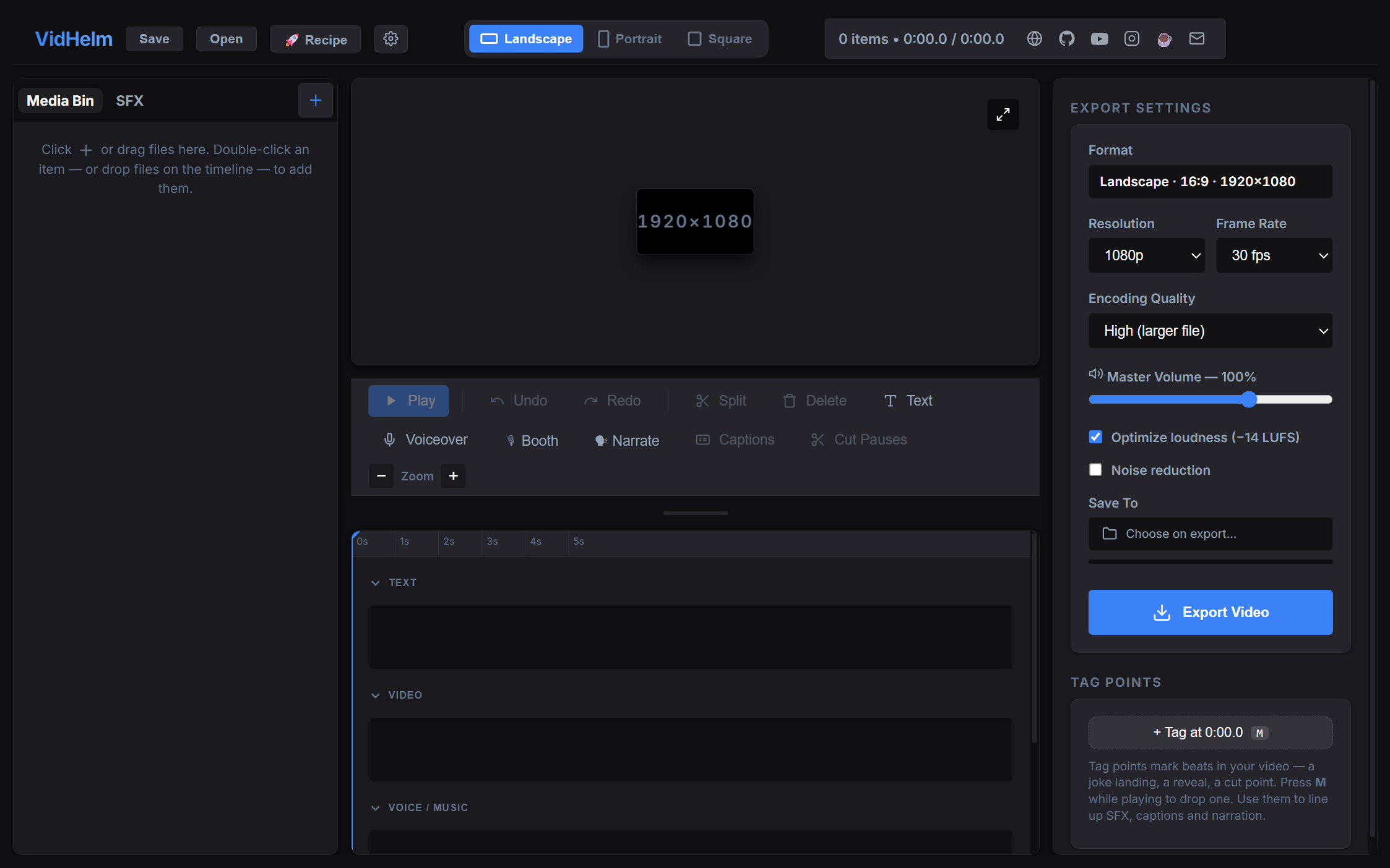 The VidHelm editor: timeline with tag points, SFX library, karaoke booth and export panel